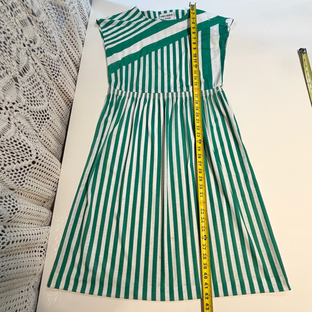 VINTAGE 80s green white stripe dress midi short cap sleeve belted waist nautical - Picture 9 of 11